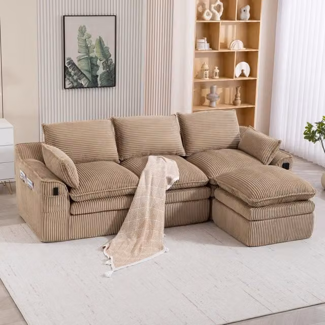 Divano modulare a 3 posti con pouf, cuscini, tasche laterali e struttura a molle in tessuto corduroy khaki