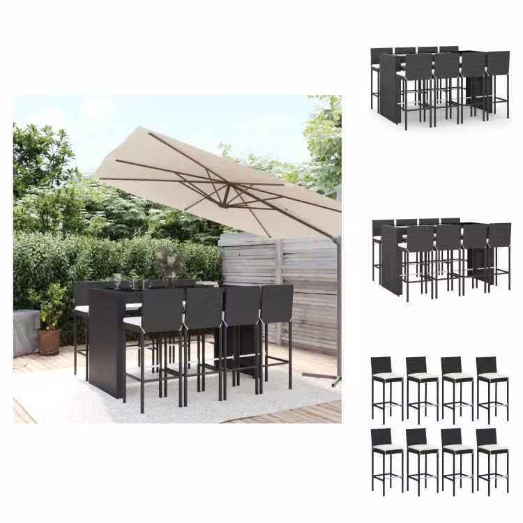 vidaXL Set bar da giardino 9 pezzi con cuscini in poly rattan nero - Set di mobili da giardino