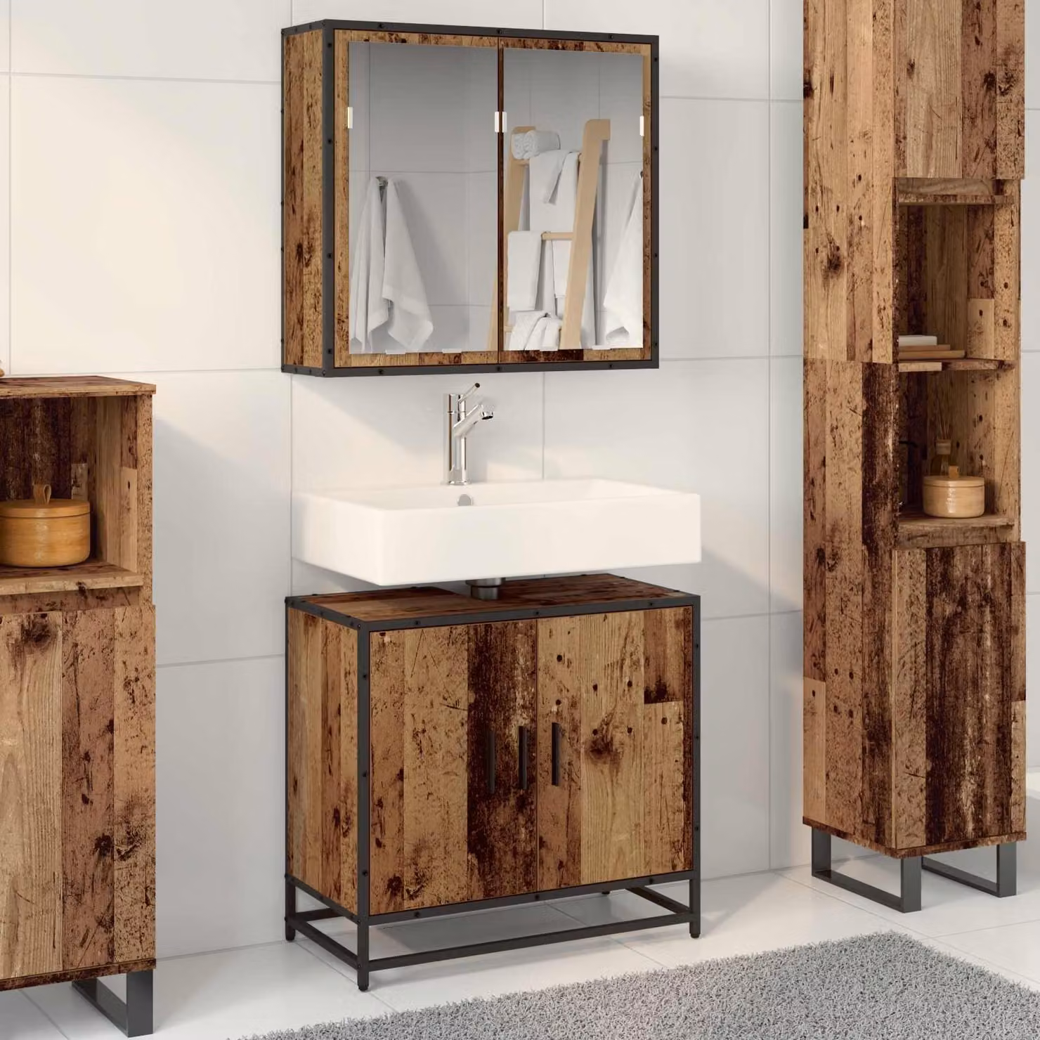 Set di mobili per il bagno vidaXL in legno e metallo marrone con armadietto a specchio e mobile lavabo, stile minimalista, montaggio a parete – 1