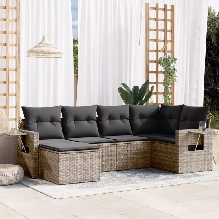 Set Divano da Giardino vidaXL 6 pz in Polyrattan Grigio con Cuscini e Tavolino da Esterno a Forma di L