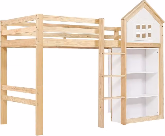 Letto a soppalco per bambini a casetta con vani portaoggetti e tre cassetti, struttura in legno, 90 x 200 cm, bianco e naturale