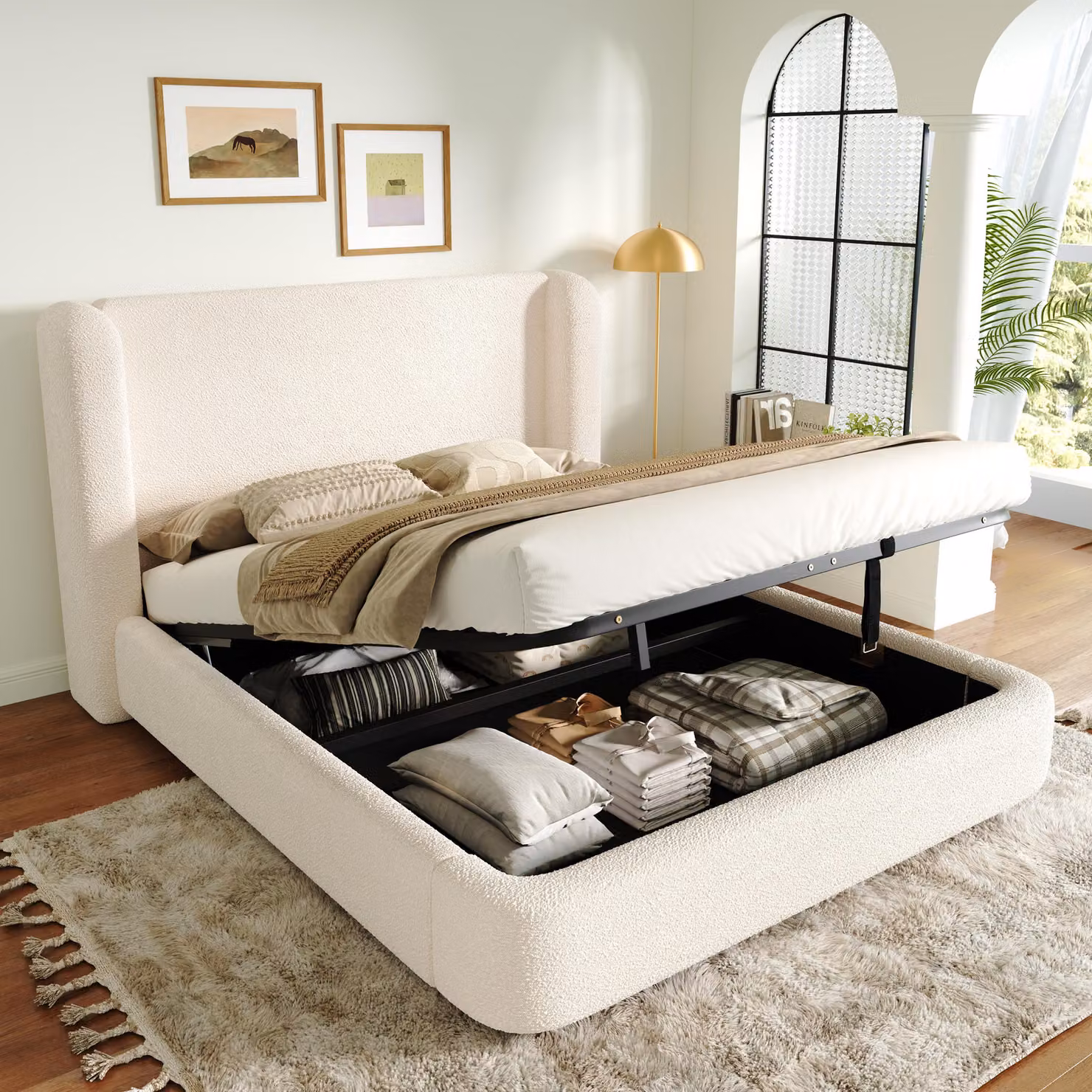 Letto imbottito STILVORA, 140 x 200 cm, con spazio contenitore idraulico, letto matrimoniale con rete a doghe e testiera imbottita, funzionale, rivestito in tessuto bouclé beige