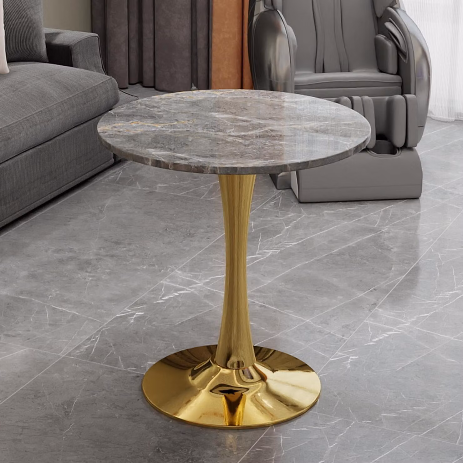 Tavolino da caffè dorato, tavolo rotondo da pranzo con finitura effetto marmo, color grigio scuro, tavolo in stile mid-century da 70 cm per 2-4 persone, tavolino da salotto