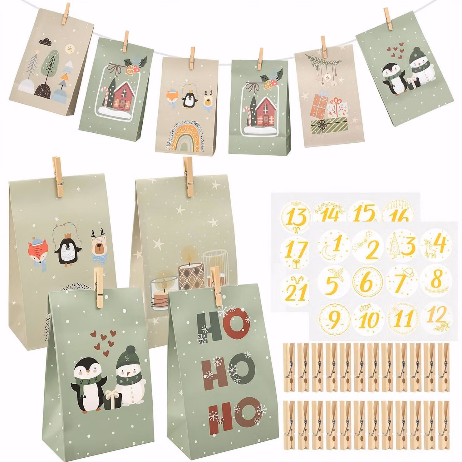 Calendario dell'Avvento fai-da-te, sacchetti da riempire, 2026, 24 sacchetti in carta color salvia, 24x13x8 cm, carta kraft, 8 motivi, con graffette e adesivi