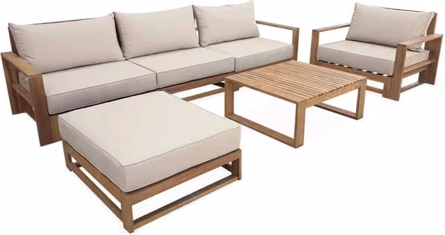 Set da giardino Sweeek in legno di acacia con divano a 3 posti, poltrone, pouf e tavolino, marrone e beige