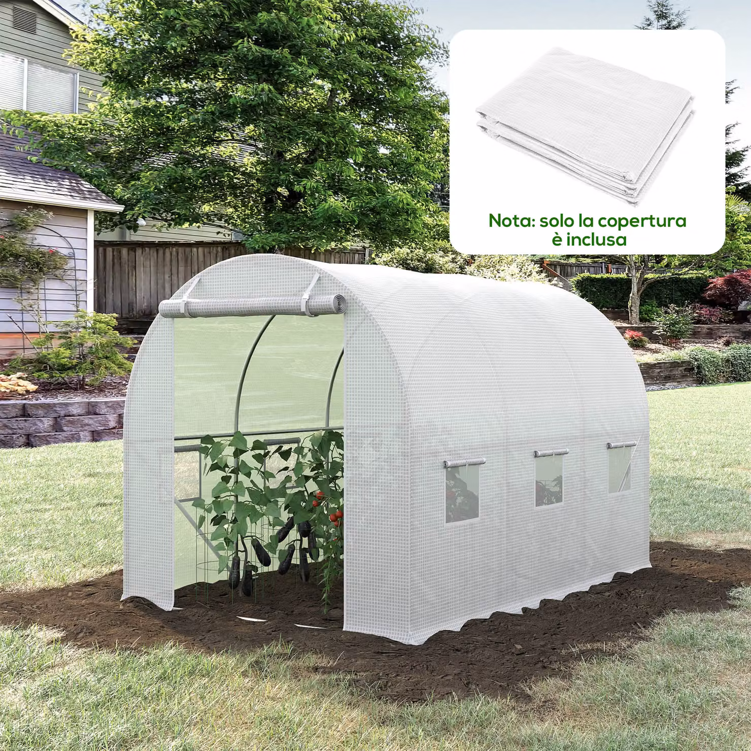 Telo Serra Outsunny in PE Bianco con 6 Finestre e Porta Avvolgibile, L: 3 m, P: 2 m, H: 2 m – 2