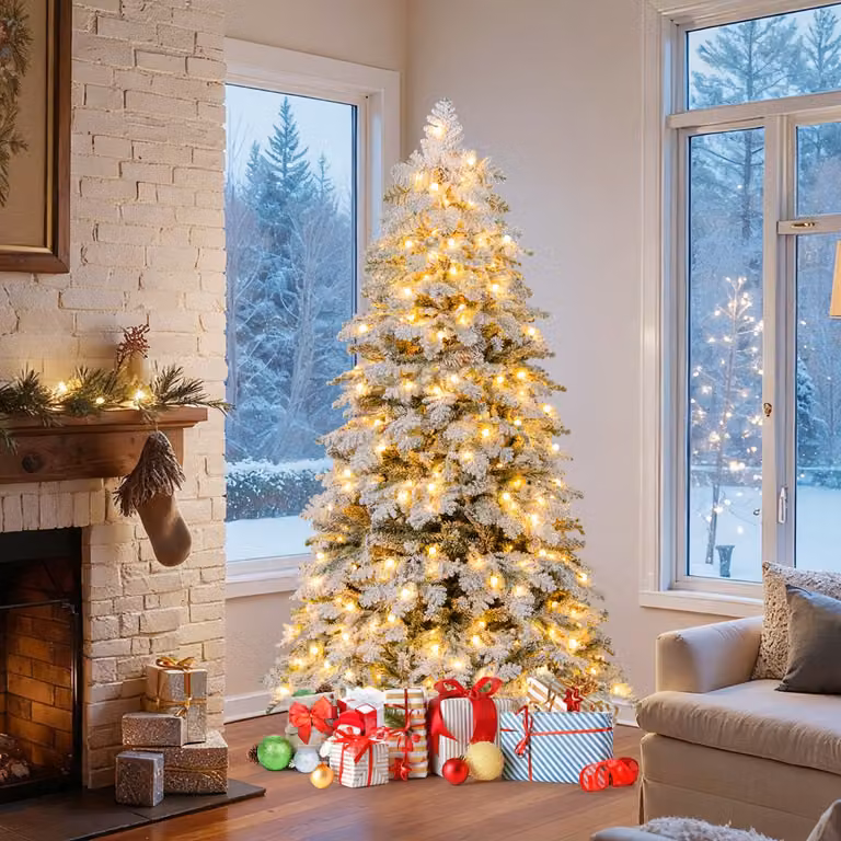 Albero di Natale artificiale innevato Costway con 616 punte di ramo, 130 palline e luci LED bianco caldo, Altezza: 180 cm