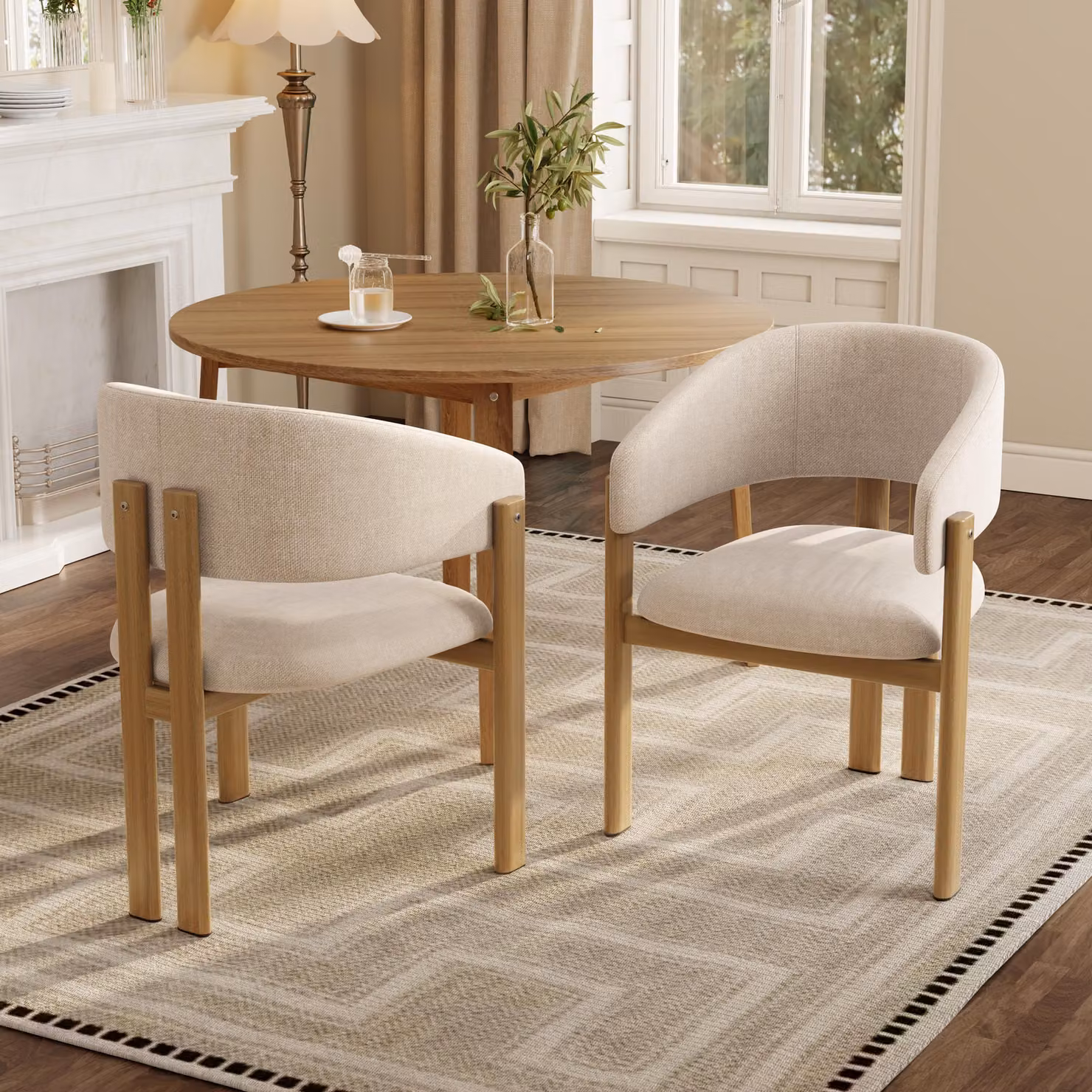 Due sedie da pranzo Flieks in metallo con finitura effetto legno, sedie da cucina rivestite in tessuto di lino, poltrone con dimensioni 61,5x52,5x83 cm, colore legno naturale