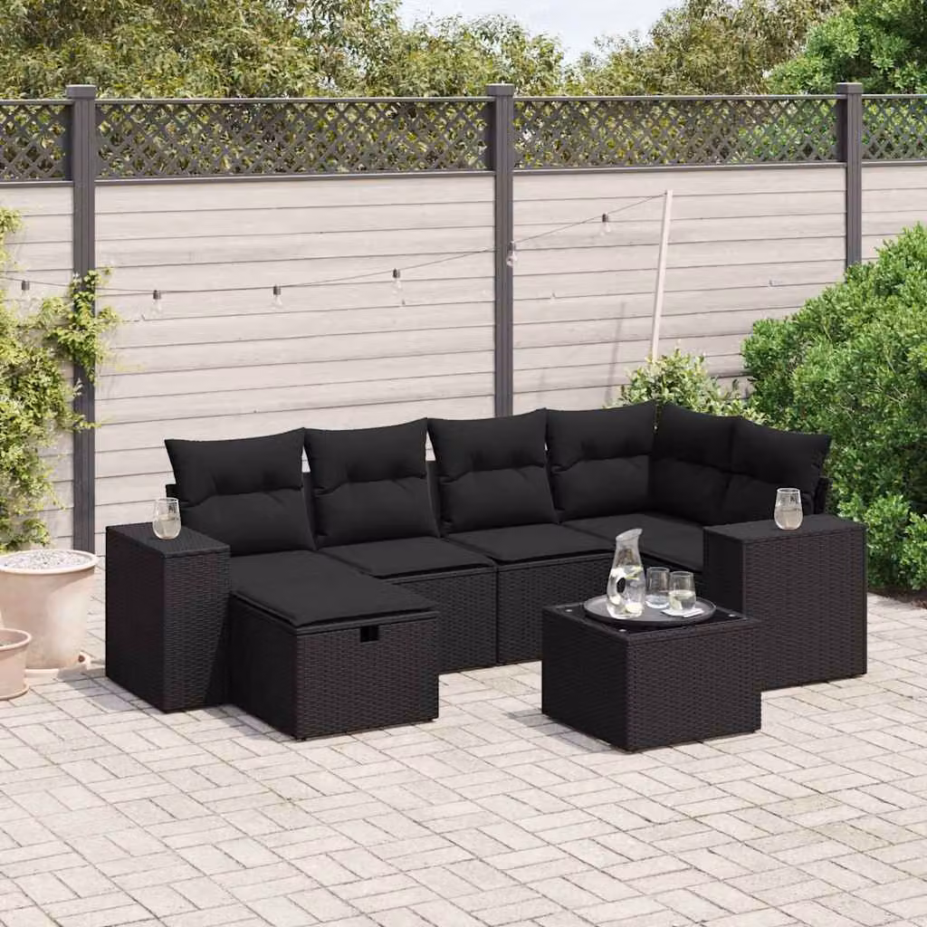 Set Divani da Giardino vidaXL a Forma di L con 7 Pezzi, Colore Nero, con Cuscini e Tavolino – 1