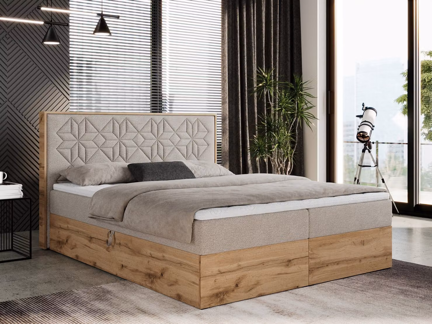Letto boxspring 160x200 con contenitore, letto imbottito 160x200 con materasso H4, letto boxspring 160x200 con testiera, letto boxspring in legno massello - Nessi - Struttura beige - H4