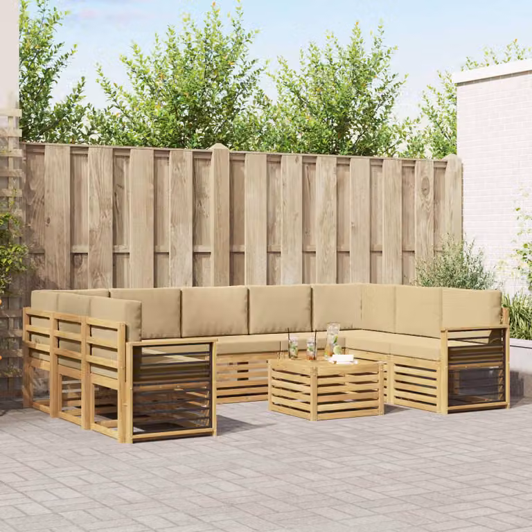 vidaXL Set di divani da esterno componibile 10 pezzi in legno di acacia con cuscini Bianco, Beige e Marrone