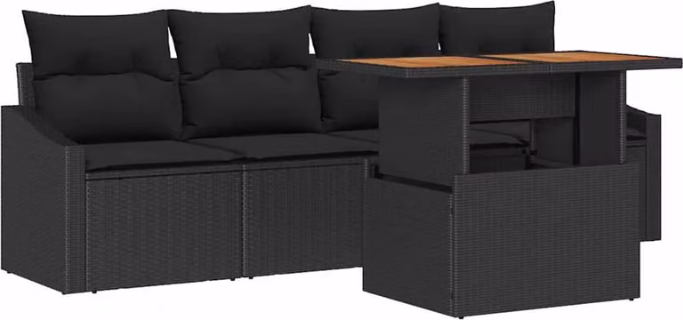 Set Divano da Giardino con cuscino 5 pcs Nero Poly Rattan