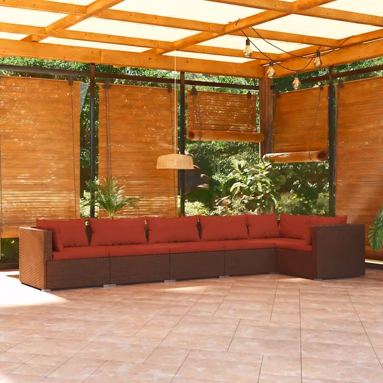 Set di divani da giardino vidaXL a forma di L composto da 6 pezzi con cuscini imbottiti in rattan marrone e struttura in metallo con coperture rimovibili