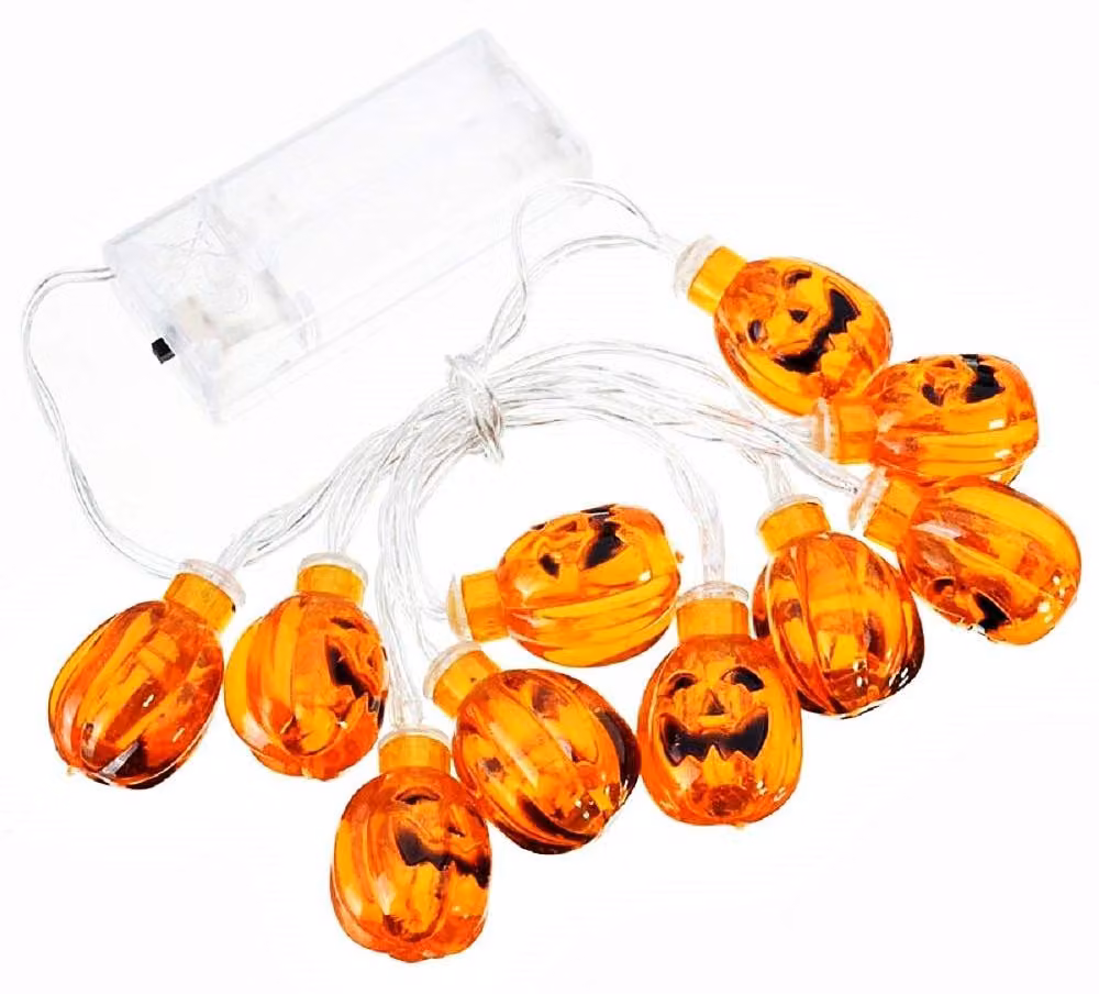 Catena luminosa a tema Halloween, con 10 luci a LED a forma di zucca, lunghezza 120 cm, alimentata a batteria, colore arancione