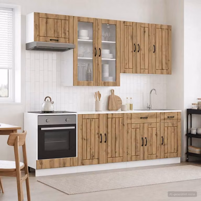 vidaXL Unità Cucina LUCCA 8 Pezzi Rovere Marrone in Legno MDF con Ante in Vetro e Ripiani Aperti