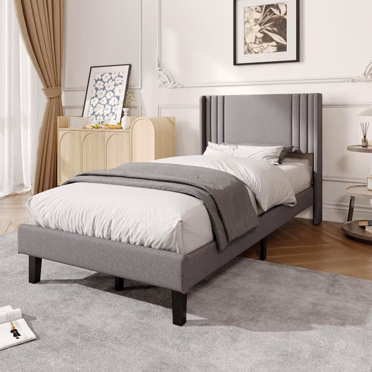 Letto imbottito 90x200 cm con rete a doghe, letto singolo con alta testiera imbottita, struttura in metallo, tessuto in lino grigio, altezza da terra di 15,5 cm, senza materasso