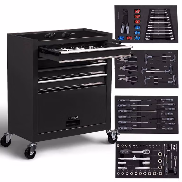 Carrello da officina AREBOS, 4 cassetti, 81 utensili, tappetini antiscivolo, nero