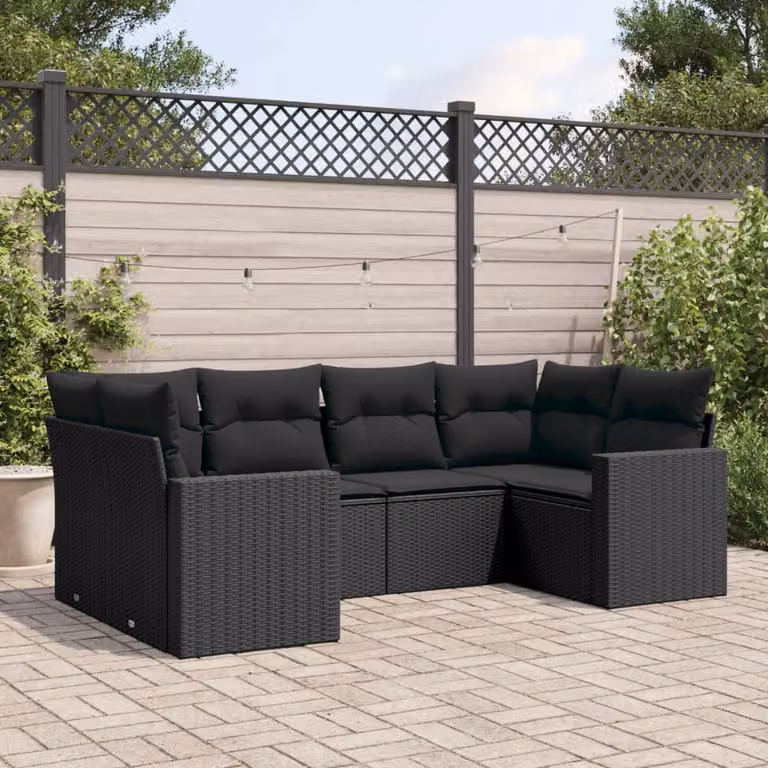 Set Divano da Giardino vidaXL 6 pz a Forma a L in Polyrattan Nero con Cuscini Imbottiti e Coperture Rimovibili