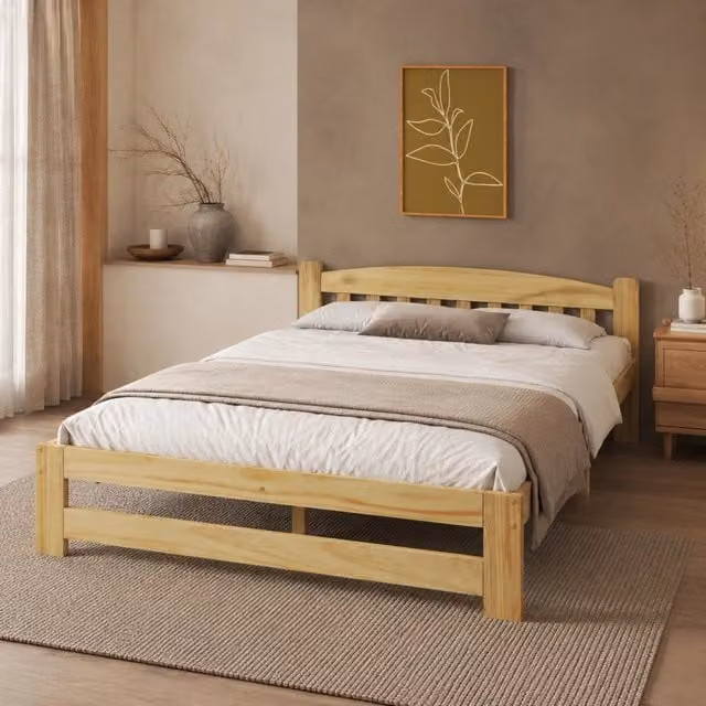 Letto matrimoniale Mivray in legno di pino naturale con testiera e rete a 15 doghe, L/P/H: 140 x 200 x 146 cm – 1