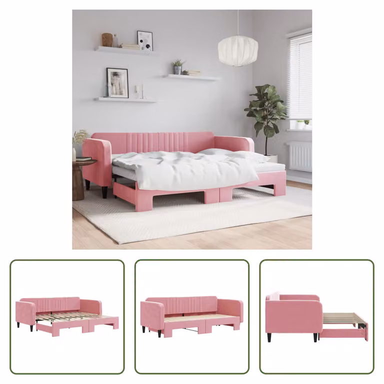 The Living Store Daybed Estensibile Rosa 90x200 cm Velluto