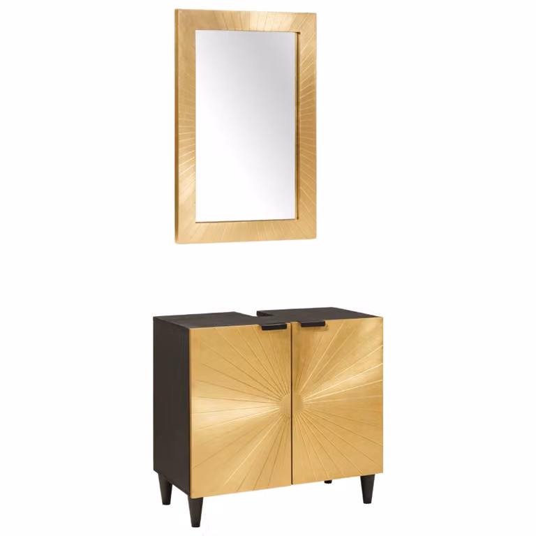 Set di mobili da bagno moderno vidaXL composto da mobile lavabo e armadietto specchio in legno di mango e metallo, colore nero e oro, L 62 cm x P 33 cm x H 58 cm