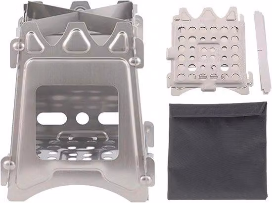 Fornello da campo portatile in legno, con tubo pieghevole in acciaio inossidabile, ideale per escursioni, campeggio e cucina all'aperto; compatto, leggero e resistente, adatto per barbecue, attività di sopravvivenza e picnic.