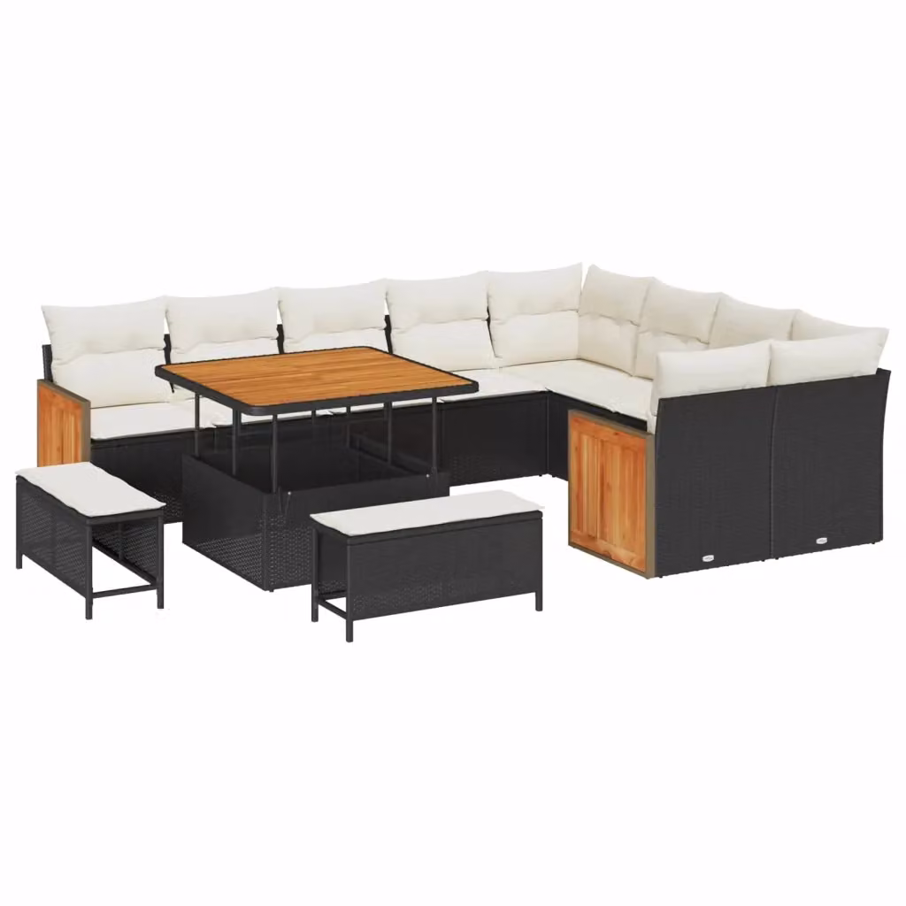 Set Divano da Giardino vidaXL a Forma a U con 12 Posti, Colore Nero e Beige, con Cuscini e Tavolino, Struttura in Acciaio e Legno di Acacia – 2