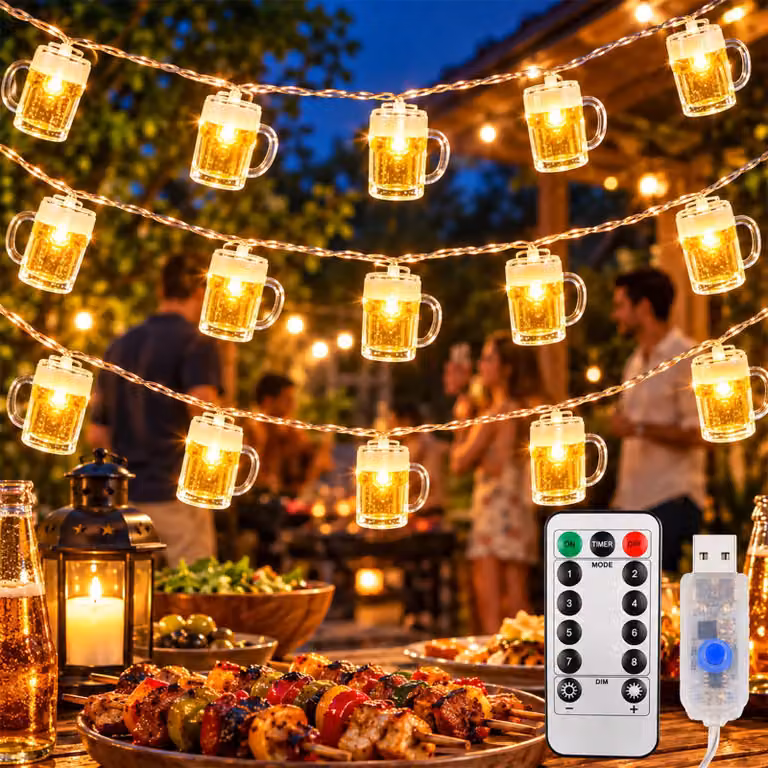 Catena luminosa a forma di bicchiere di birra, lunghezza 3 metri, 30 LED, alimentazione USB, 8 modalità, luce bianco caldo