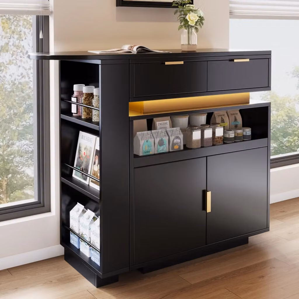 Tavolo Bar Allungabile Minimal con Contenitore e LED Nero e Oro L: 115-183 cm, P: 40 cm, H: 99 cm – 2