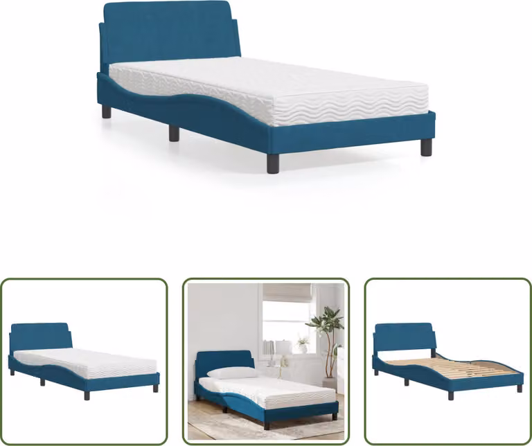 The Living Store Letto con materasso blu 100x200 cm in velluto