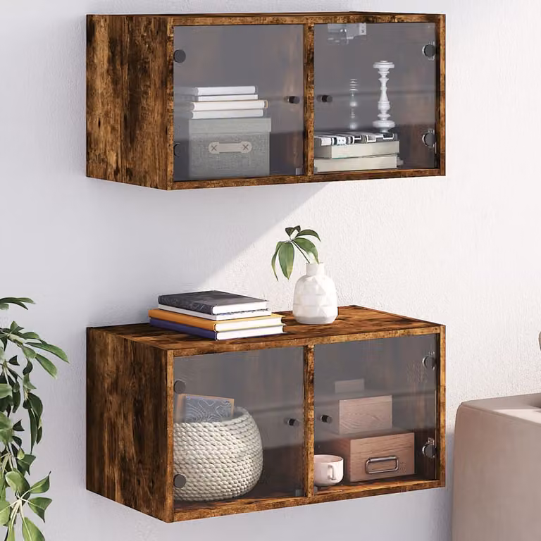 Set di 2 Mobili a Muro vidaXL con Ante in Vetro, Rovere Fumo, L 68,5 cm x P 37 cm x H 35 cm