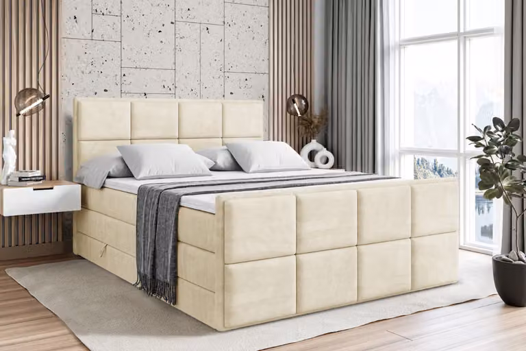 Letto boxspring ALTDECOR con pediera, 2 materassi e topper - 180x200 cm - NOVA-Z KING - Velluto beige - Letto imbottito con materassi H3 e H4, contenitore e rete a doghe, letto con spazio contenitivo