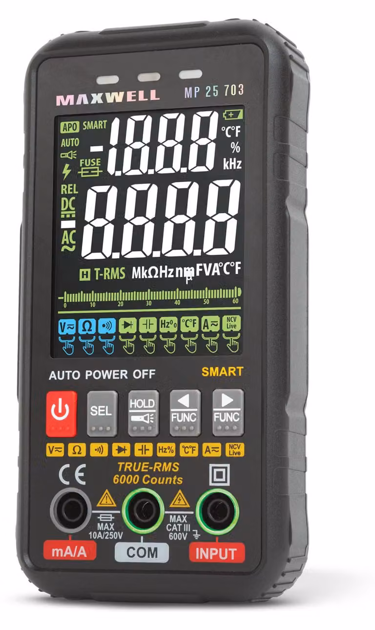 Multimetro digitale automatico - Display a colori da 3" - Rilevamento tensione NCV - 9999 punti di misurazione - Punte di misurazione e valigetta incluse - 4×AAA [25703]