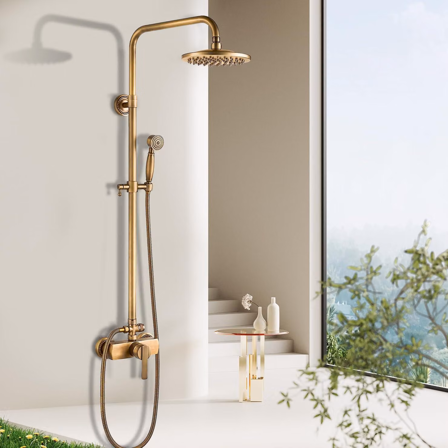 Doccia a soffione in ottone anticato, regolabile in altezza da 70 a 120 cm, confezione singola