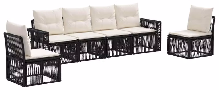 Set di divani da giardino, 6 pezzi, colore nero e crema, in rattan sintetico