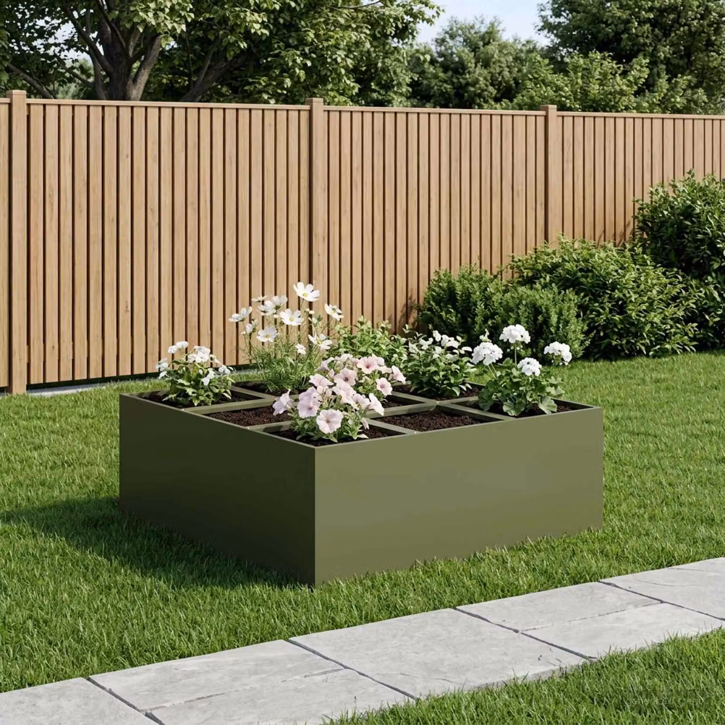 vidaXL Vaso da giardino in metallo Verde, L 100 x P 100 x H 30 cm