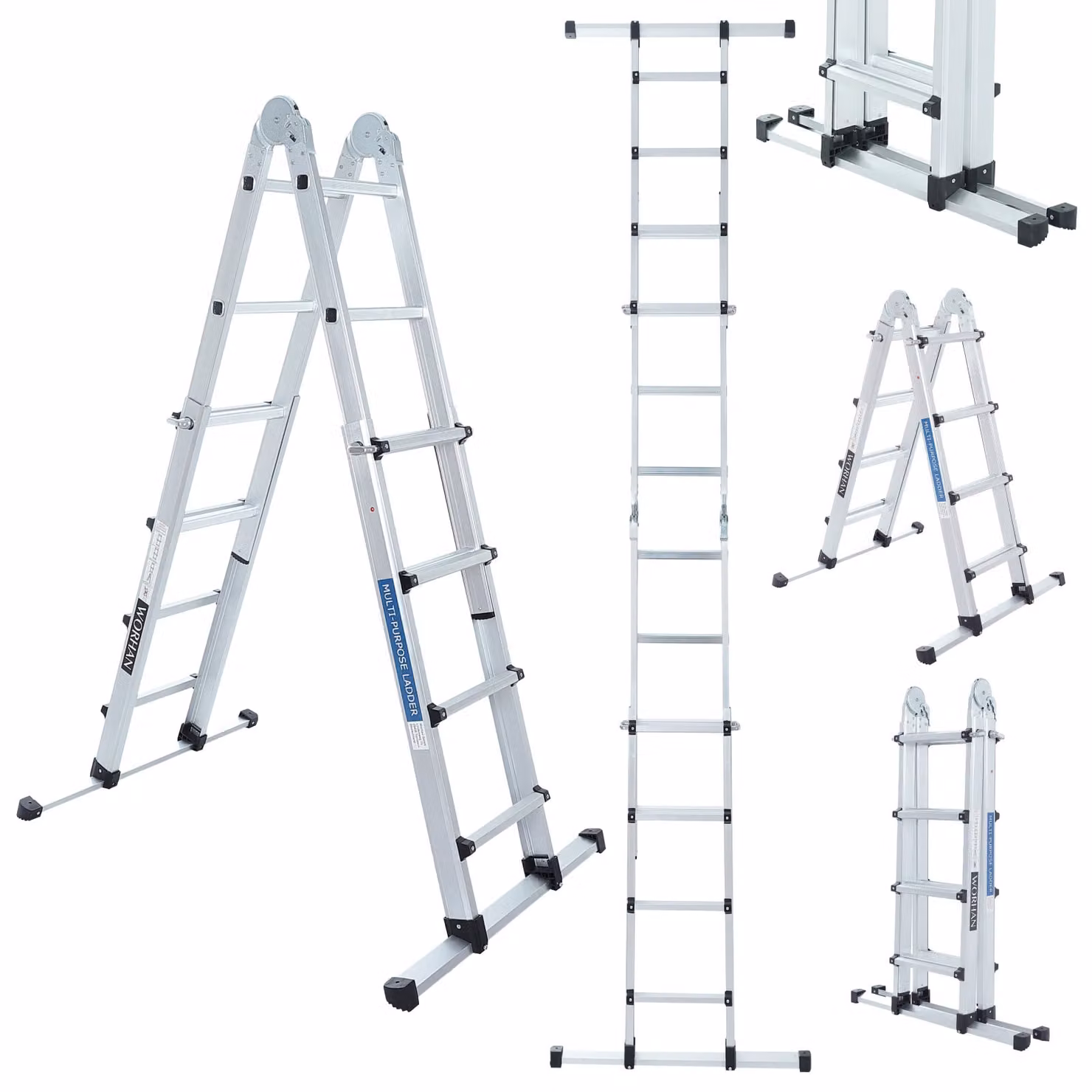 WORHAN Scala 410 cm Scala telescopica in alluminio Scala pieghevole Scala singola Scala a gradini allungabile Barra stabilizzatrice Scala multifunzionale versatile LG4