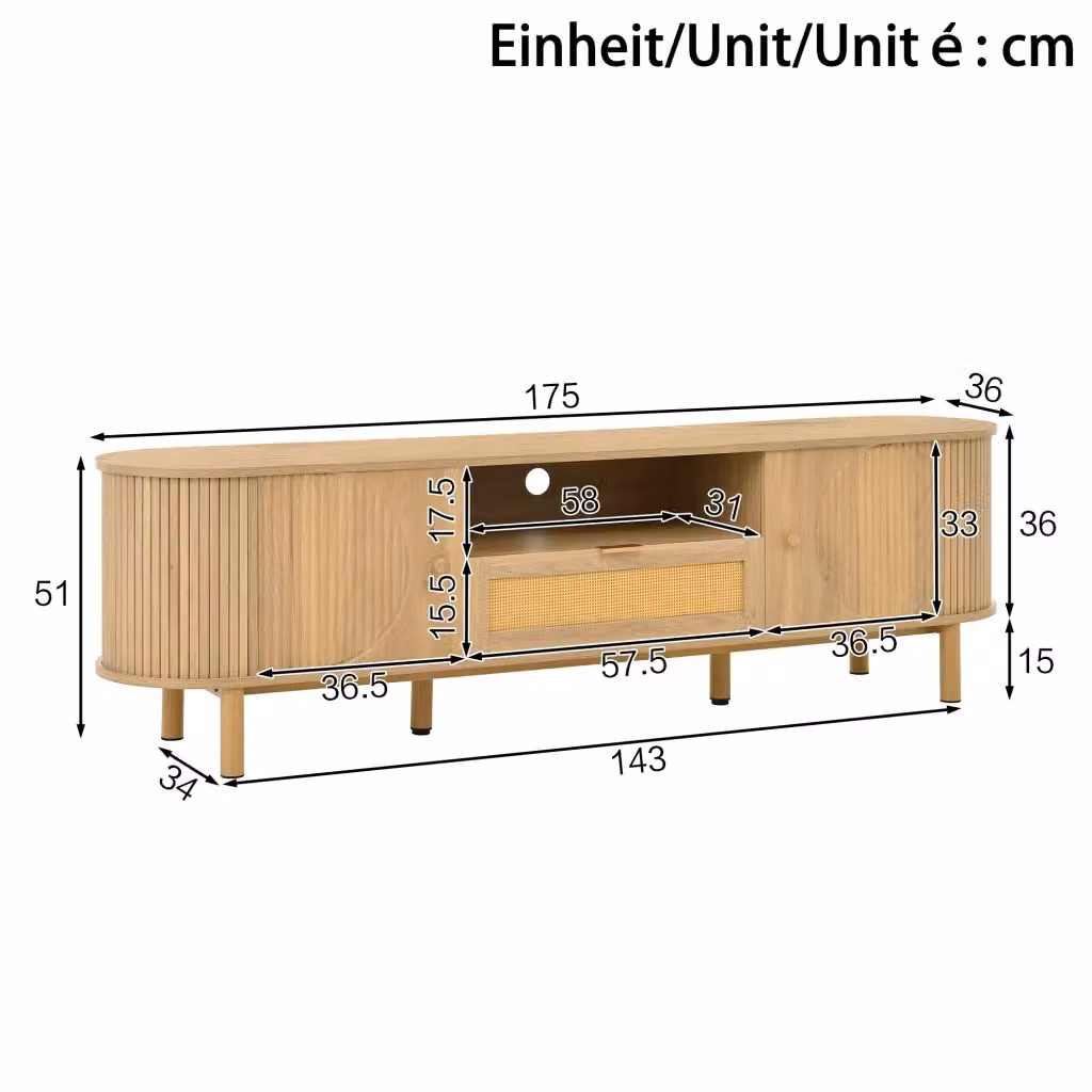 Mobile TV REDOM con cassetto in rattan e MDF, colore beige, L: 175 cm, P: 36 cm, H: 51 cm – 2
