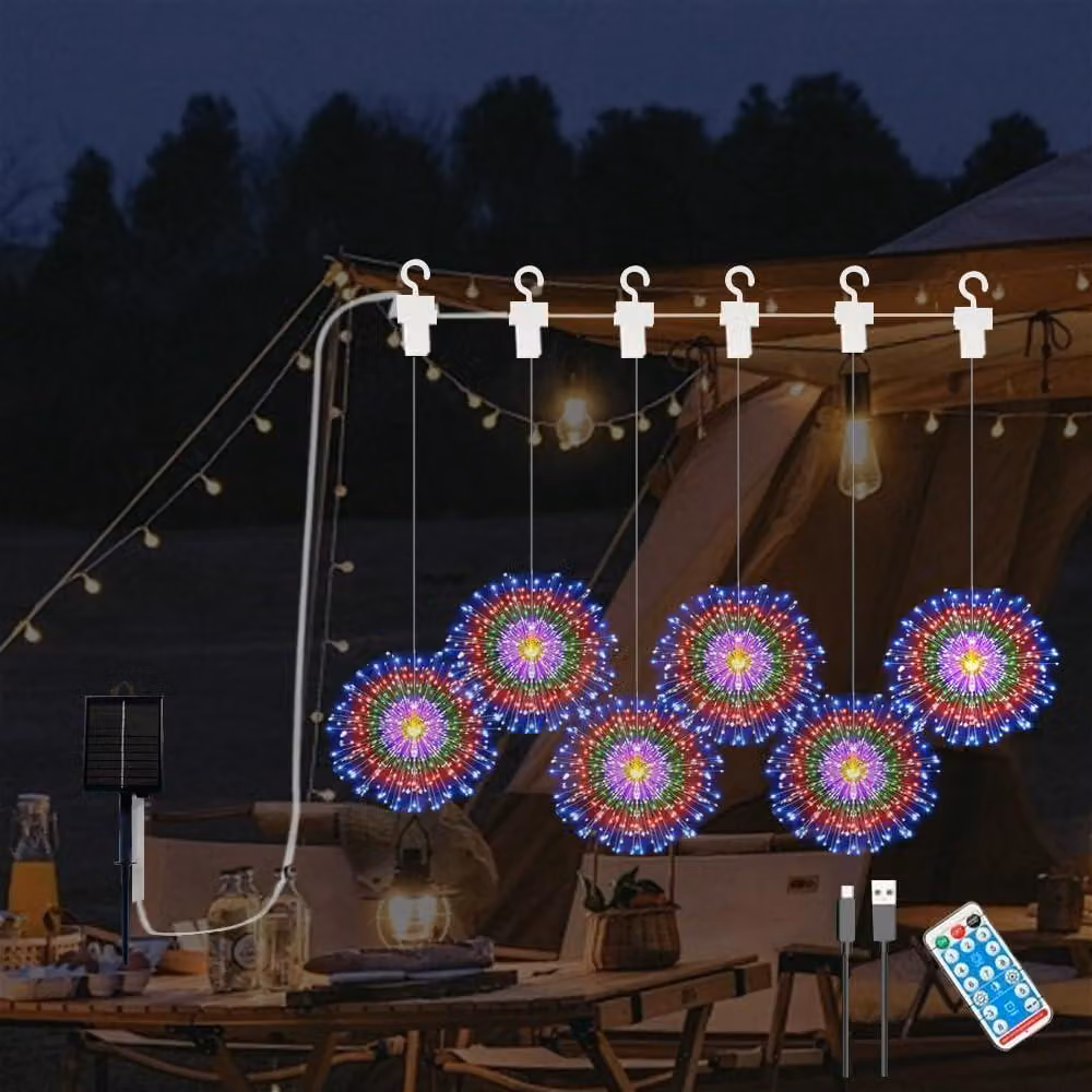 6 luci decorative solari a forma di fuochi d'artificio, 8 modalità di illuminazione, con telecomando, alimentazione USB, impermeabili, multicolore