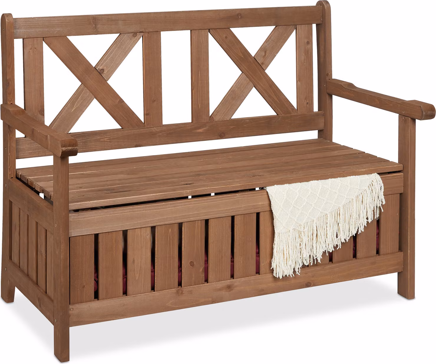Panchina da giardino Relaxdays, panchina da esterno con vano portaoggetti, 2 posti, L x P x A 85 x 115 x 60 cm, panca con vano portaoggetti e schienale, marrone scuro