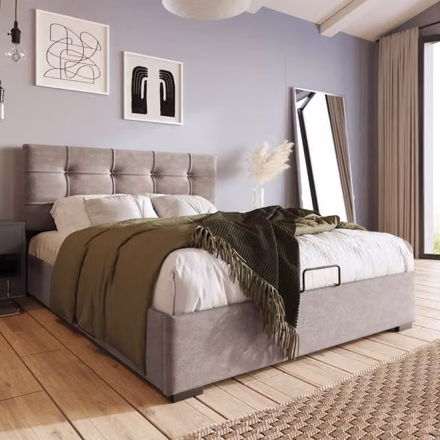 Letto singolo imbottito 90 × 200 cm con vano contenitore testiera regolabile in velluto metallo grigio chiaro