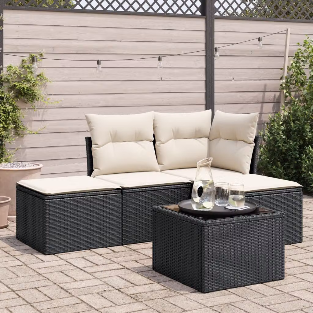 vidaXL Set Divani da Giardino 5 pz a Forma a L in Polyrattan Nero con Cuscini e Tavolino da Esterno – 1