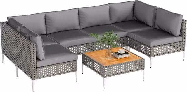 Set di mobili da giardino con divano sezionale in vimini e tavolino in legno di acacia, Set da conversazione in rattan Grigio