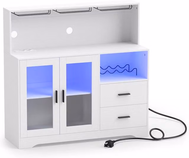 Credenza cucina con luci led mobile buffet con stazione di ricarica portabicchieri, Armadietto in legno per soggiorno e cucina Bianco