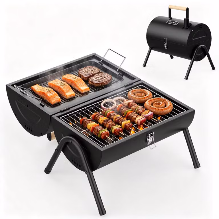 Barbecue compatto a carbone, a forma di botte, con maniglia in legno