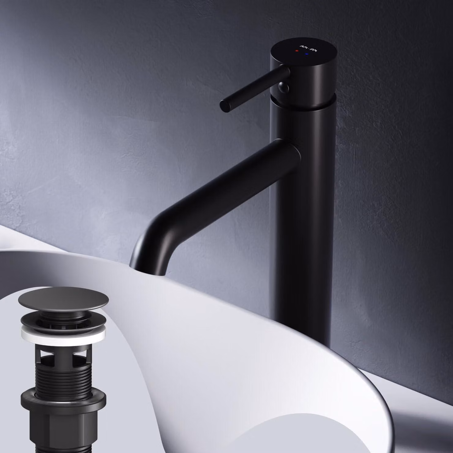 Miscelatore per lavabo, modello alto, in ottone nero, completo di gruppo di scarico