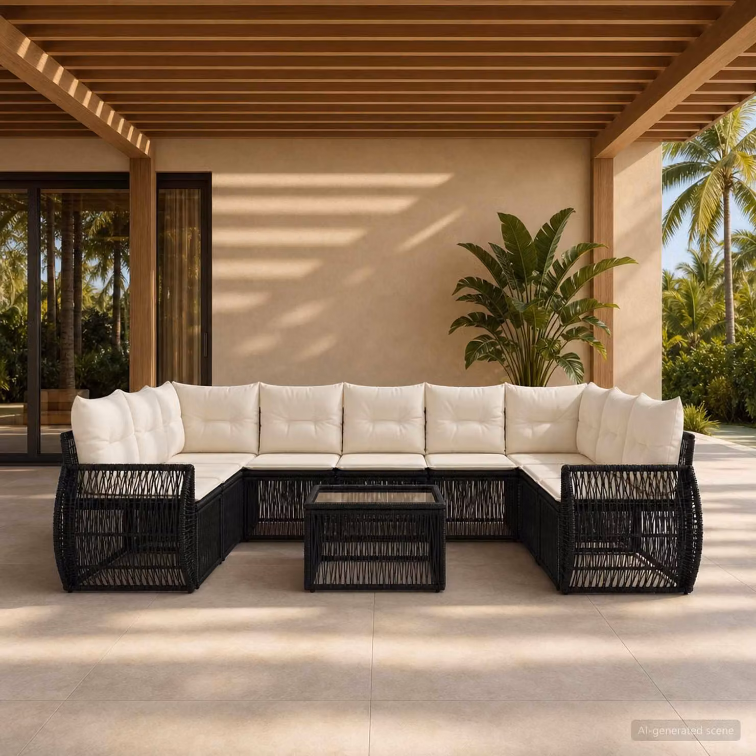 Maison Exclusive - Set da giardino composto da 10 pezzi. Divano da giardino in rattan sintetico, colore nero e crema