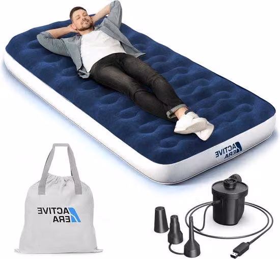 Materasso gonfiabile con pompa ricaricabile via USB - Materasso da viaggio con custodia - Pompa portatile con stazione di ricarica USB e pompa a pedale - 99 x 203 x 22 cm
