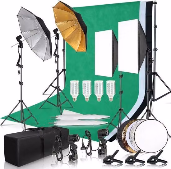Kit di studio fotografico | 3 colori schermo di sfondo | Illuminazione | Green Screen | 2x Box soft | 2x Paralume | Lampade LED | Lampada da studio | Riflettore