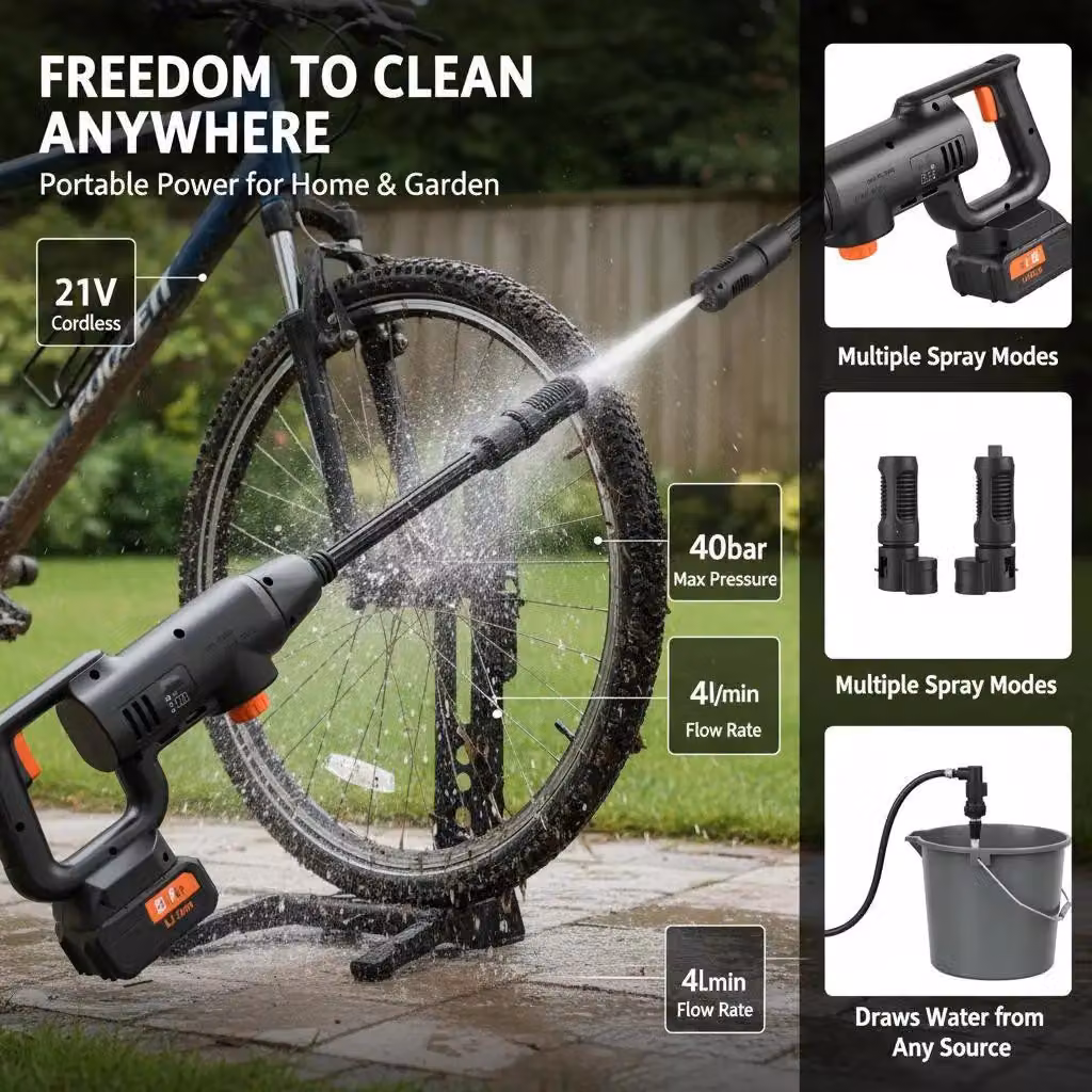 Idropulitrice senza fili - Idropulitrice a batteria - Pressione: 40 bar - Batteria: 21V 4,0 Ah - Portata: 4 litri/minuto - Portatile, ideale per auto e giardino - Colore: nero